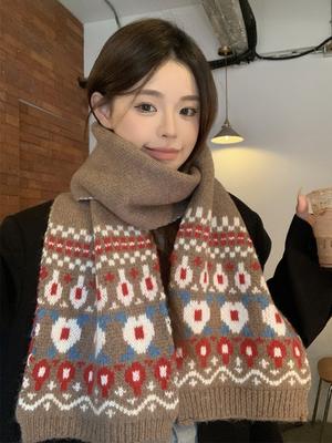 New Women'S Men Brown Floral Print Knitted Scarf Winter Warm Soft Korean Fashion Boho Wrap Scarves For Ladies Male Sweet Casual