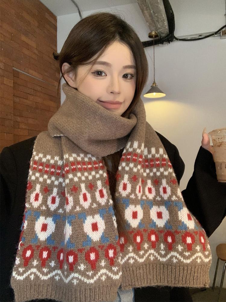 New Women'S Men Brown Floral Print Knitted Scarf Winter Warm Soft Korean Fashion Boho Wrap Scarves For Ladies Male Sweet Casual