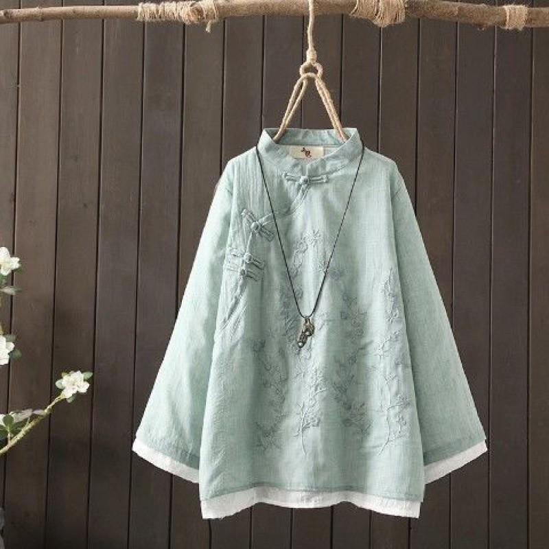 Retro Embroidered Disc Buckle Linen Cotton Blouse, Chinese Style Zen Tea Dress, Loose Stitching Round Neck Shirt, Women