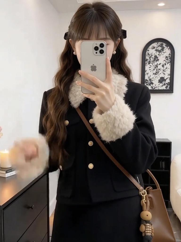 Plus Size Women's Fashionable Lambswool Jacket & Skirt Set - 2026 Winter Collection