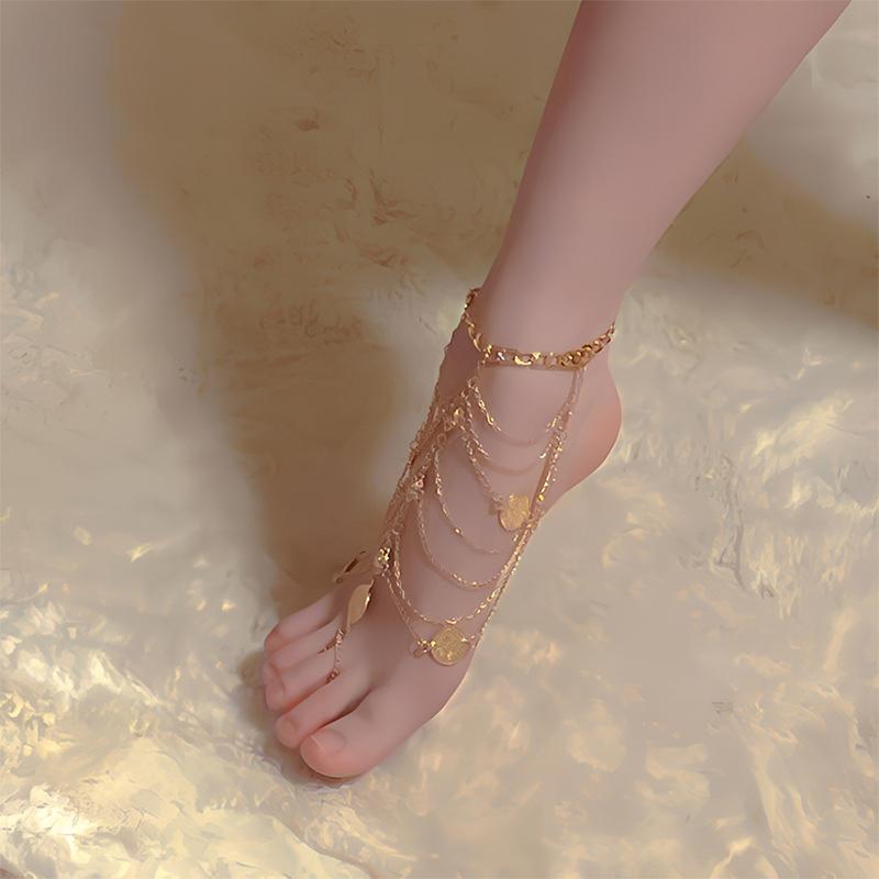 Multi-Layered Anklet With Tassels And Beads A Able High-Heeled Shoe Accessory