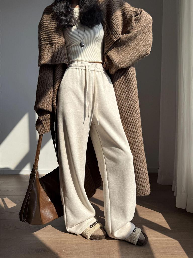 Aixuan White Wool Acetate Wide-Leg Pants: 2025 Autumn/Winter Women's Casual Draped Trousers