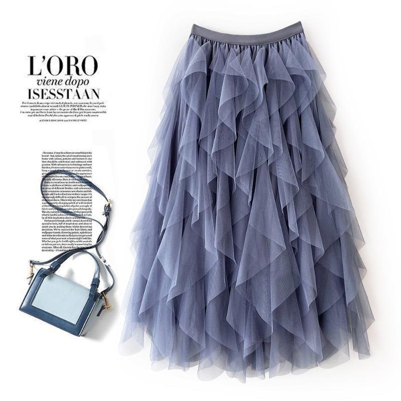Manufacturer, Elastic Waist Fashionable Versatile and Thin Mesh Stitching Irregular Medium and Long Skirt