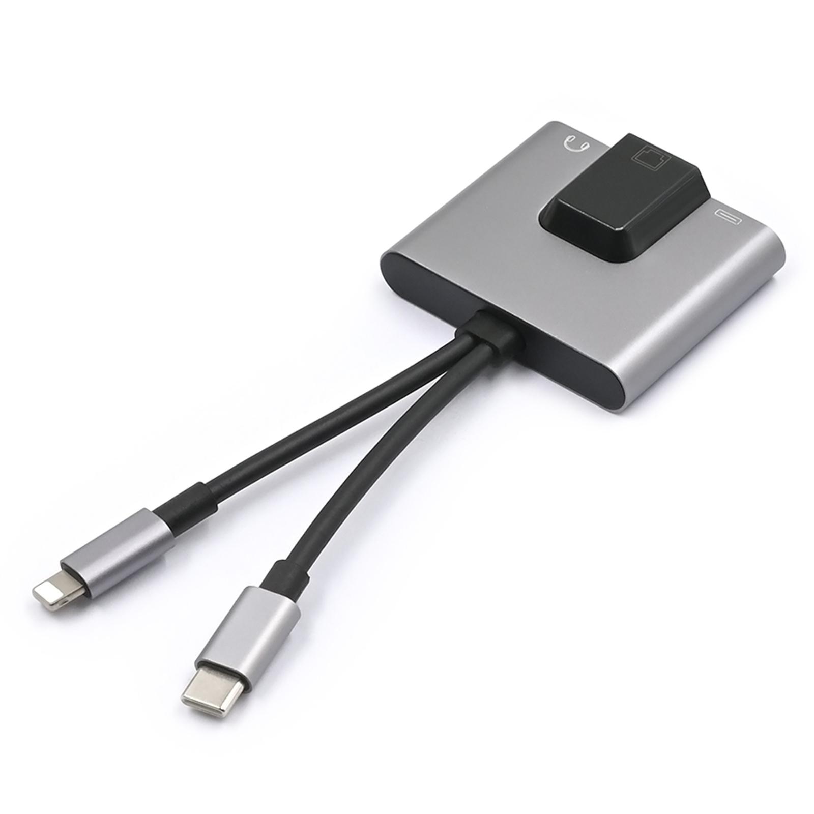 

2-in-1 iP/Type-C Ethernet Adapter 100Mbps Network Card 3.5mm Audio Jack Converter As Shown A