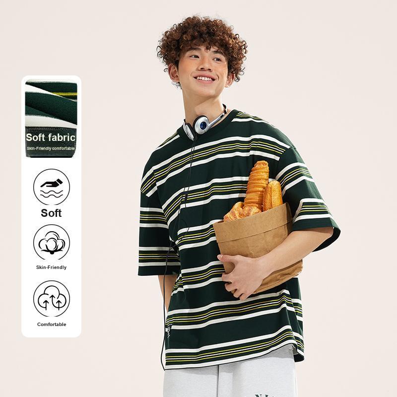 Li-Ning Weekend Youth Simple Versatile Striped Drop Shoulder Round Neck Cotton Short Sleeve T-Shirt Unisex Tops Retro-Green AHSU655-3