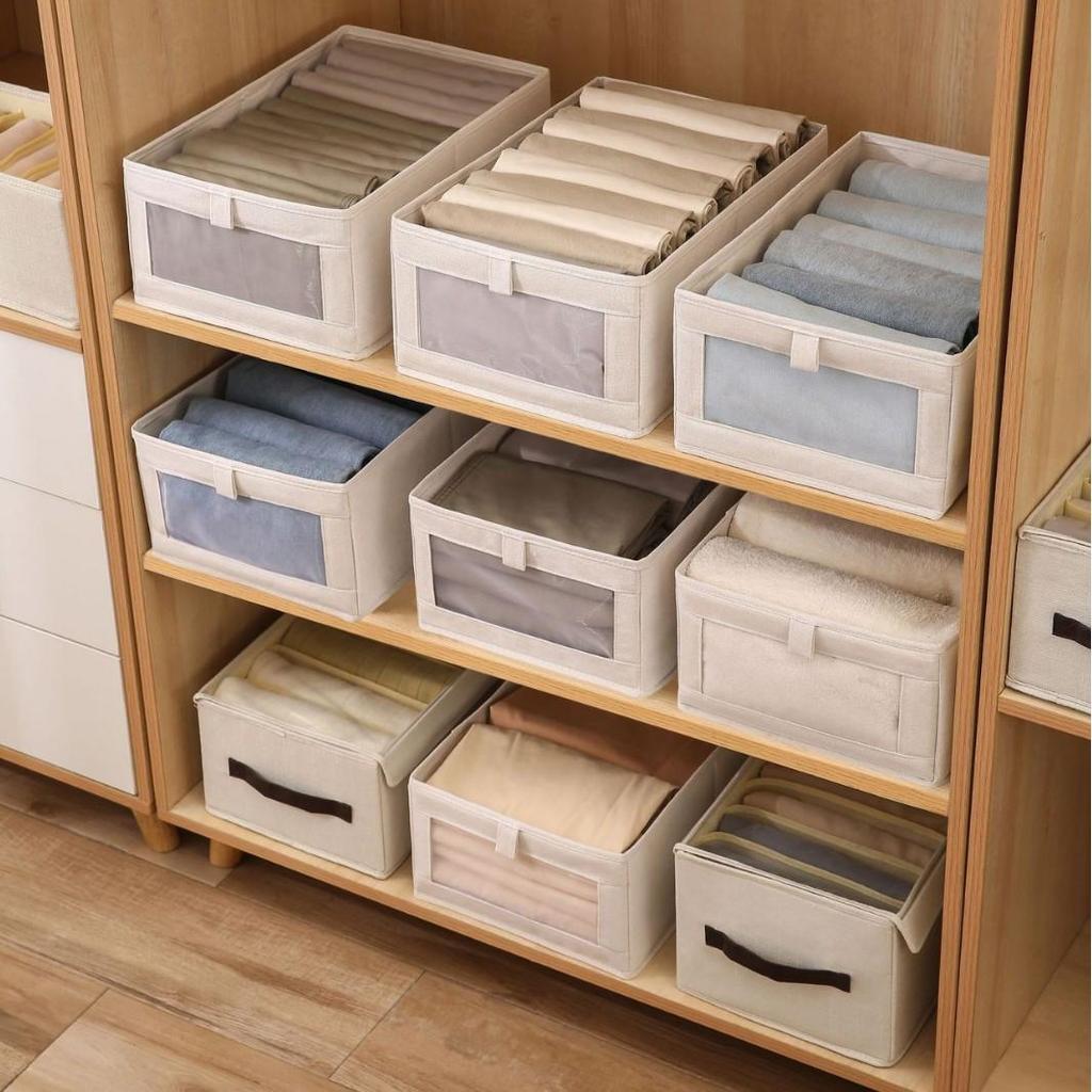Cotton Linen Wardrobe Organizer Box with Mesh Visibility