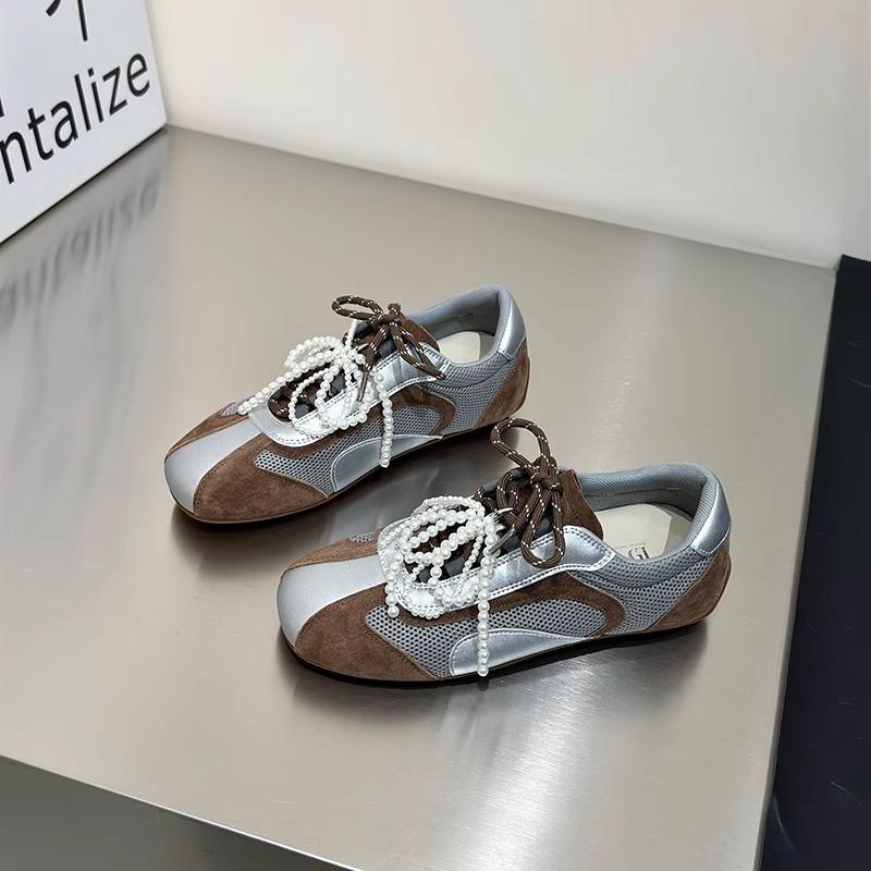 Double Color Ribbon Training Shoes Women Spring Summer Soft Sole Beaded Bow Mesh Casual Shoes Women