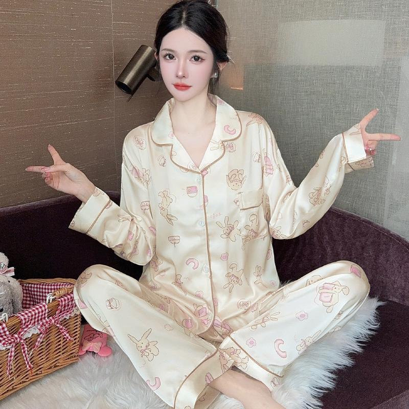 Ice Silk Thin Style Women'S Long-Sleeved Pajamas Spring And Autumn Cartoon Brown Puppy Polka Dot Print Loungewear