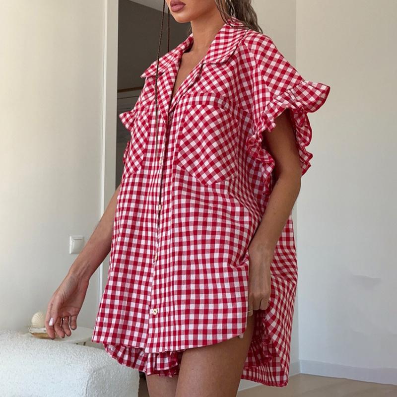 Elegante Conjunto de Camisa Casual a Cuadros con Volantes y Pantalones Cortos de Cintura Alta para Mujer, Nueva Colección de Verano