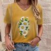 Floral Print V-neck T-shirt Summer Fashion Casual Blouse Street Fashion Oversized Women's Clothing