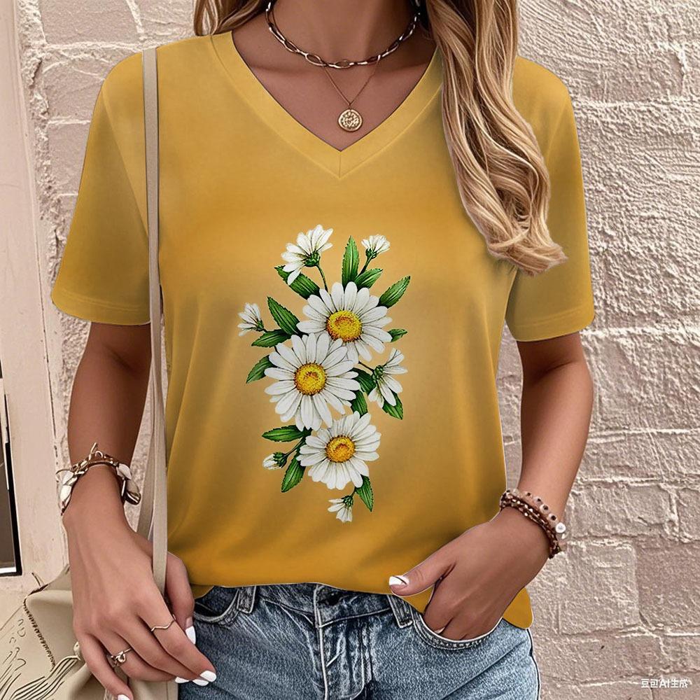 Floral Print V-neck T-shirt Summer Fashion Casual Blouse Street Fashion Oversized Women's Clothing