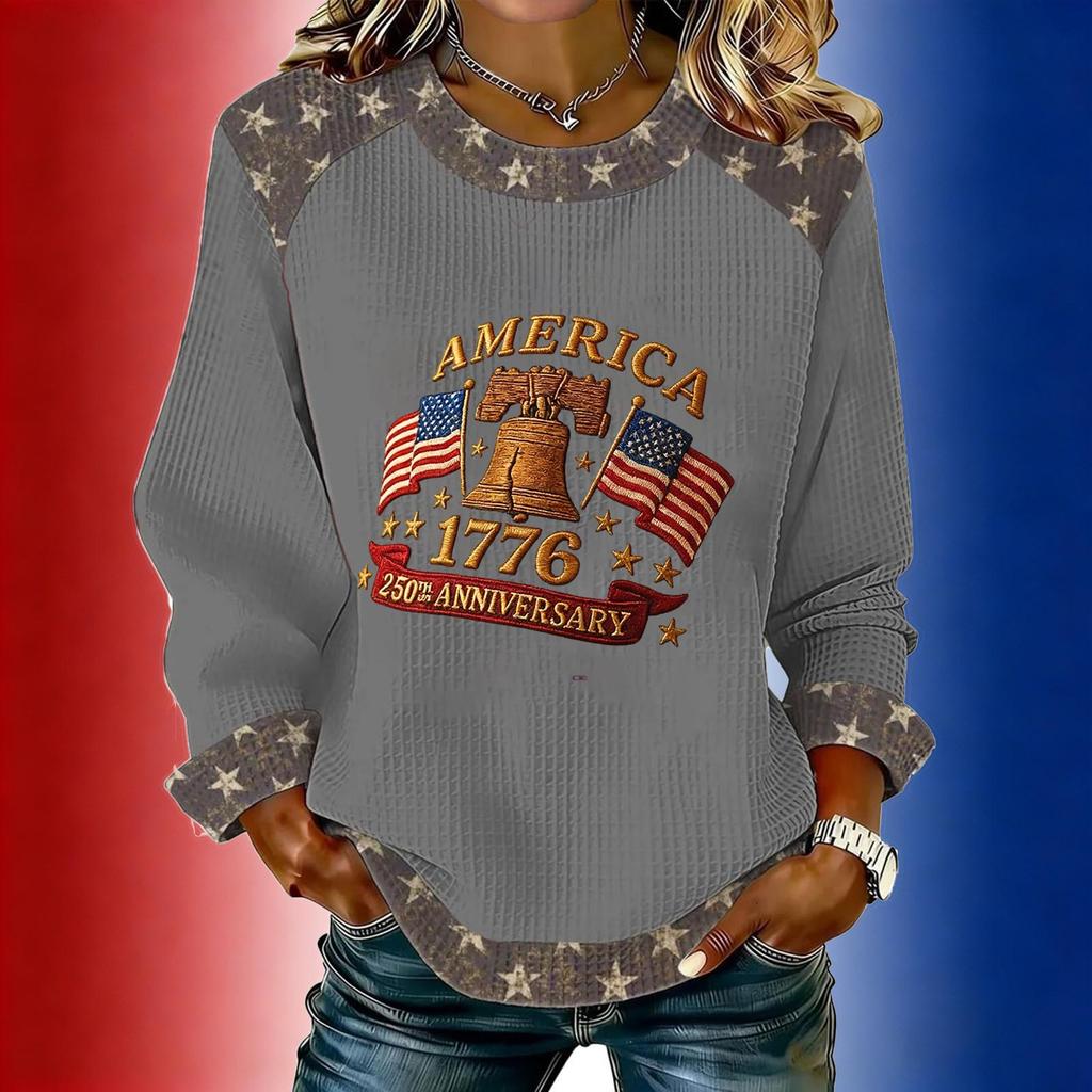 Women's long-sleeved fashionable casual everyday Independence Day printed top