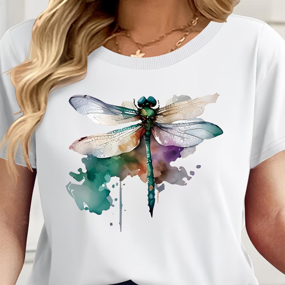 

Crew Neck Short Sleeve Watercolor Style Dragonfly Print T Shirt Women s Outfits Daily Wear Lady Soft Sportswear Basic Top S