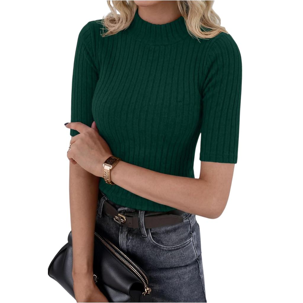 Women’s Ribbed Knit Mock Neck Short Sleeve Slim Fit Pullover Top for Casual or Office Wear Versatile Stretchy Sweater Tee