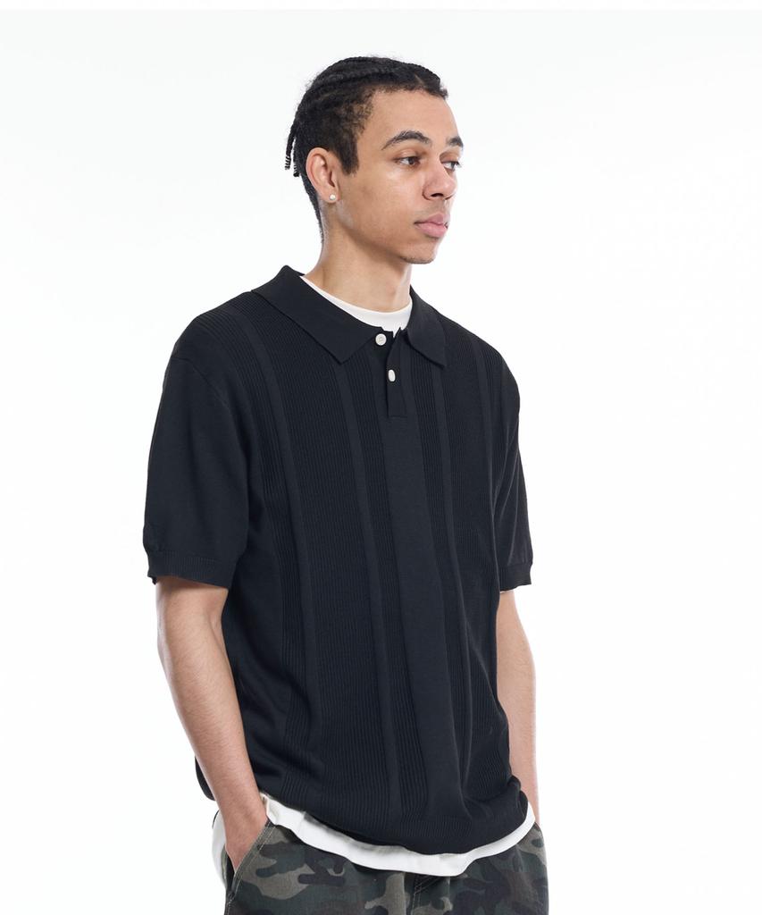 CREAM SODA LAB Daily Striped Collared Short Sleeve Knit Black