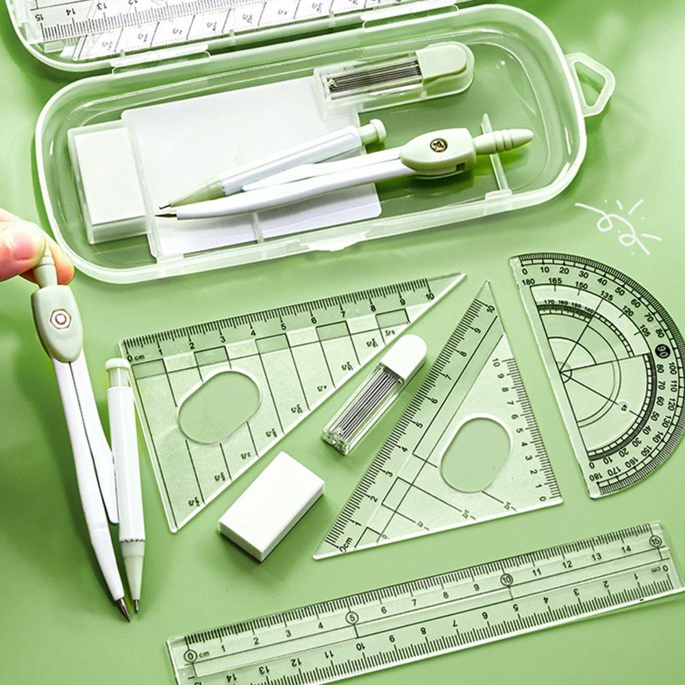 Portable 8PCS/Set Plastic Ruler Compasses Set Transparent Eraser Protractor Set Square Straight Ruler Measuring Ruler Students