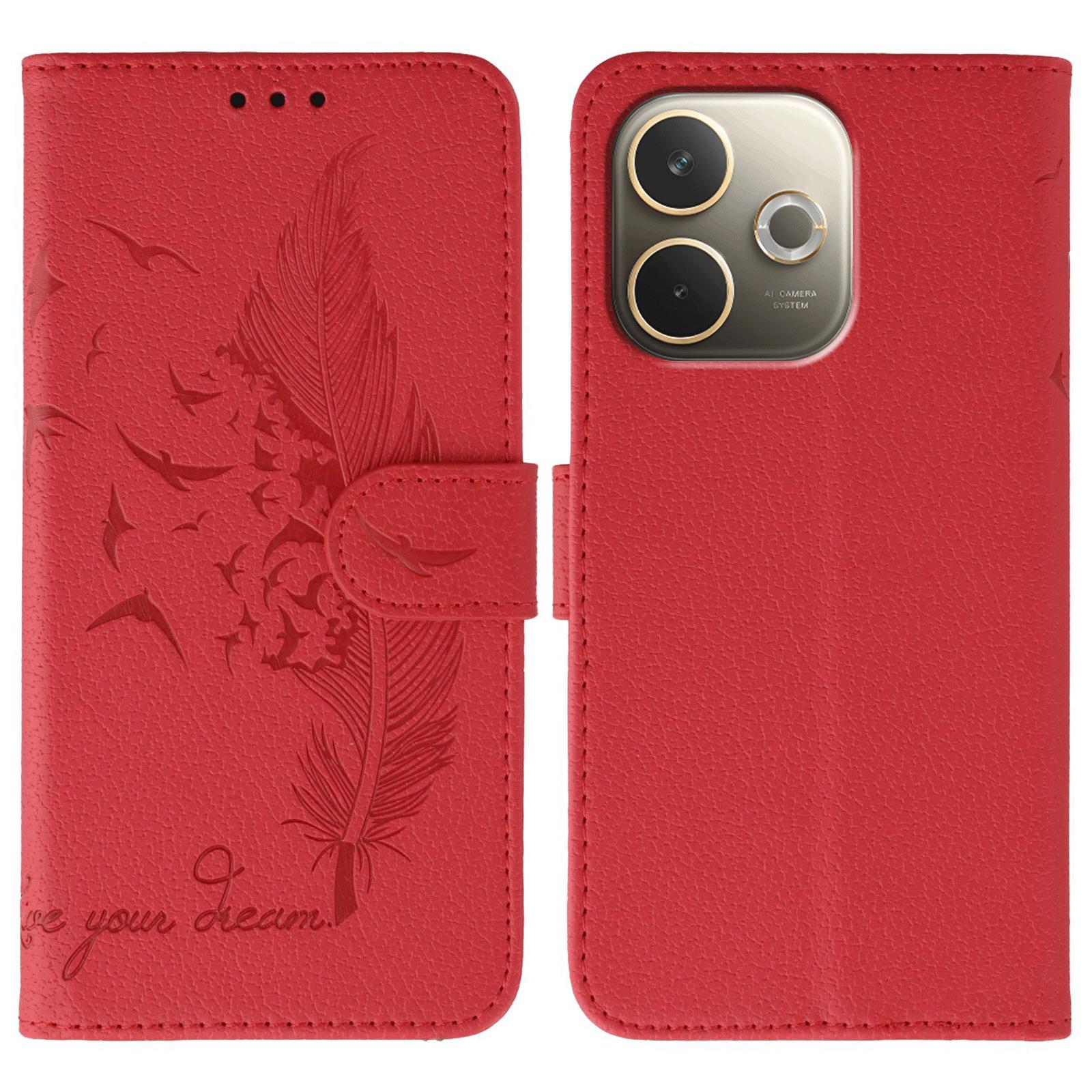 

Для Oppo A5 Pro 5G (Глобальный) Чехол Кожаный кошелек с тиснением пера Чехол для телефона Red