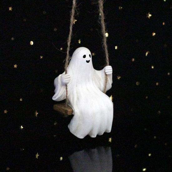 Swing Ghost Garden Statue Cute Resin Ghost Figurine Outdoor Tree Hanging Ornament for Porch Garden Lawn Yard Decor