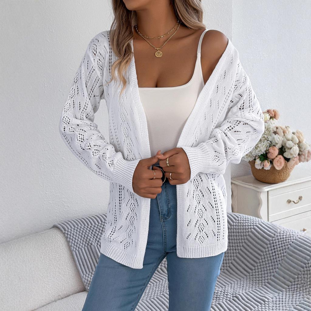 Early Autumn Casual Hollowed-out Lantern Long-sleeved Cardigan Sweater Mid-length Coat Women's Clothing
