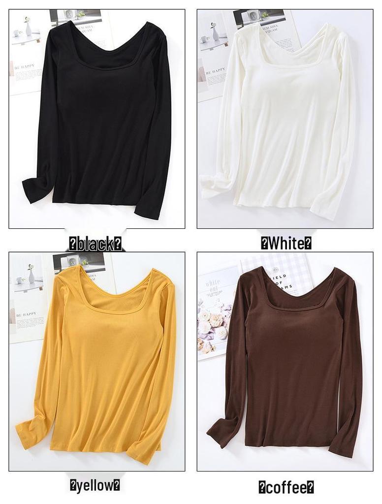 Women's Square Neck Long Sleeve Top with Built-in Bra Pads - Slim Fit for Early Autumn/Spring/Winter