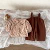 Korean Autumn Toddler Girl 2PCS Clothes Set Cotton Floral Printed Baby Girl Peter Pan Shirt Outfit Solid Loose Strappy Pant Suit