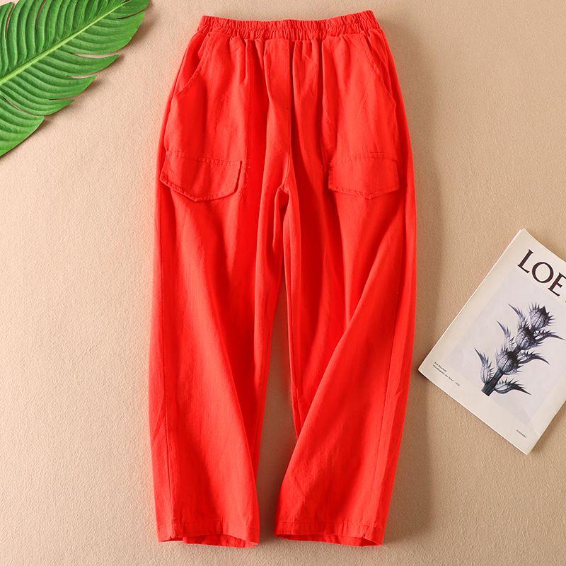 

Artsy Cotton and Linen Casual Pants Women s Spring K-style Large Pocket High Waist Slimming All-Matching Cropped Harem Pants Wc3104 Red 3XL