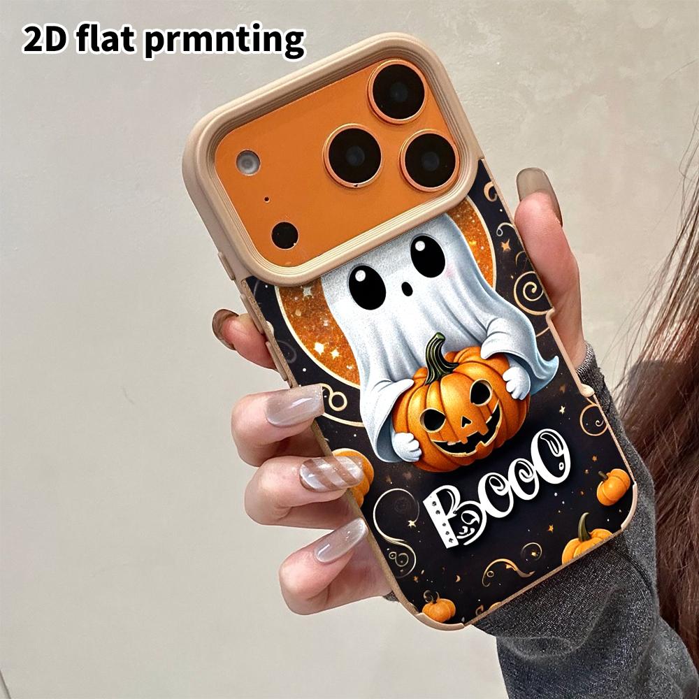 Phone Case: 2D Flat Lambskin Suitable for iPhone 18 17 16 15 14 13Pro, Holding Pumpkin Ghost, Christmas and Halloween Gift