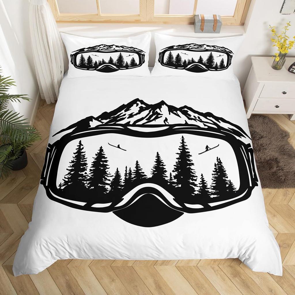 Ski Theme Duvet Cover Green Pine Cable Car Bedding Set Country Style Three-Piece Set