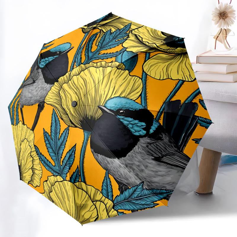 1pc Floral Birds Automatic Open/close Folding Compact Umbrella, 8-Rib Sturdy Canopy, Lightweight Portable, Everyday Use, Gift, Outdoor Umbrella, Trave