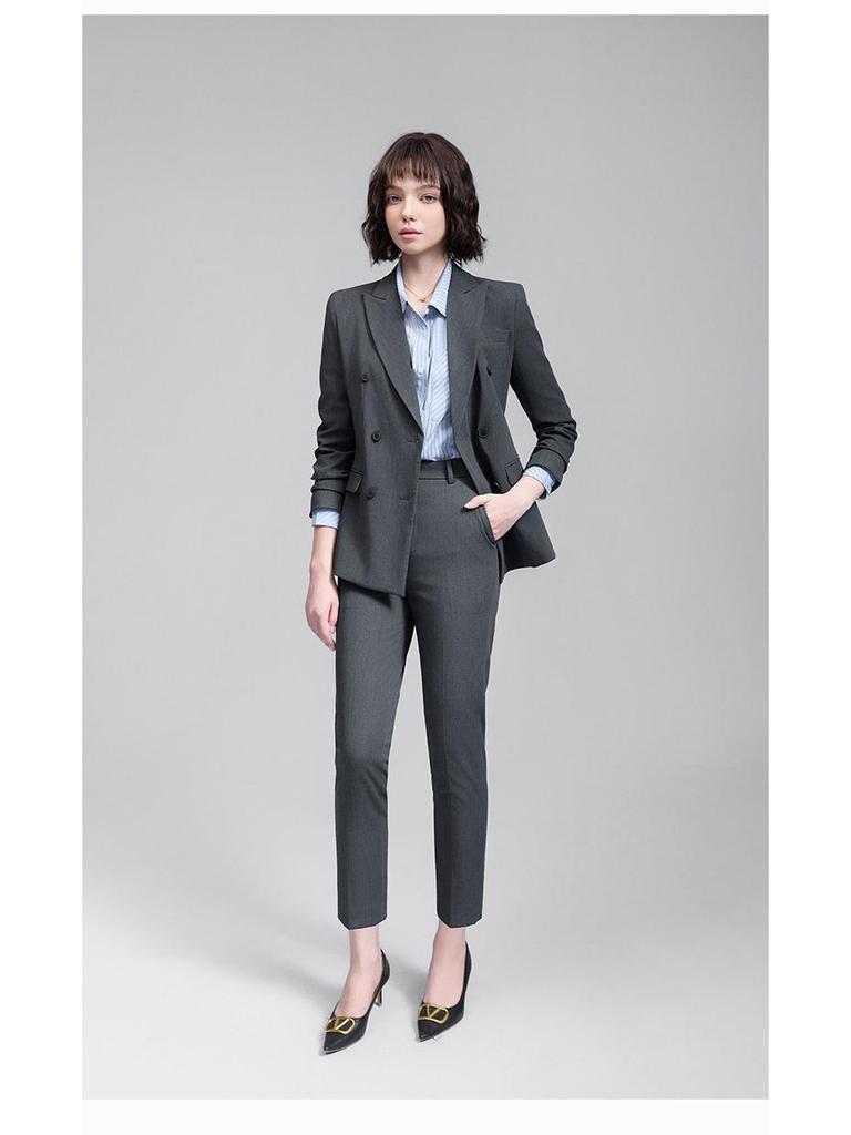 Women's Gray Double-Breasted Suit Set - 2025 Spring/Autumn British Style Formal Workwear