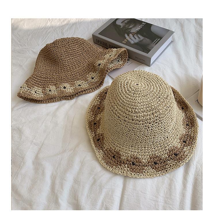 Fashionable Round Top Straw Hat For Women Sunshade Uv Protection Beach Hat