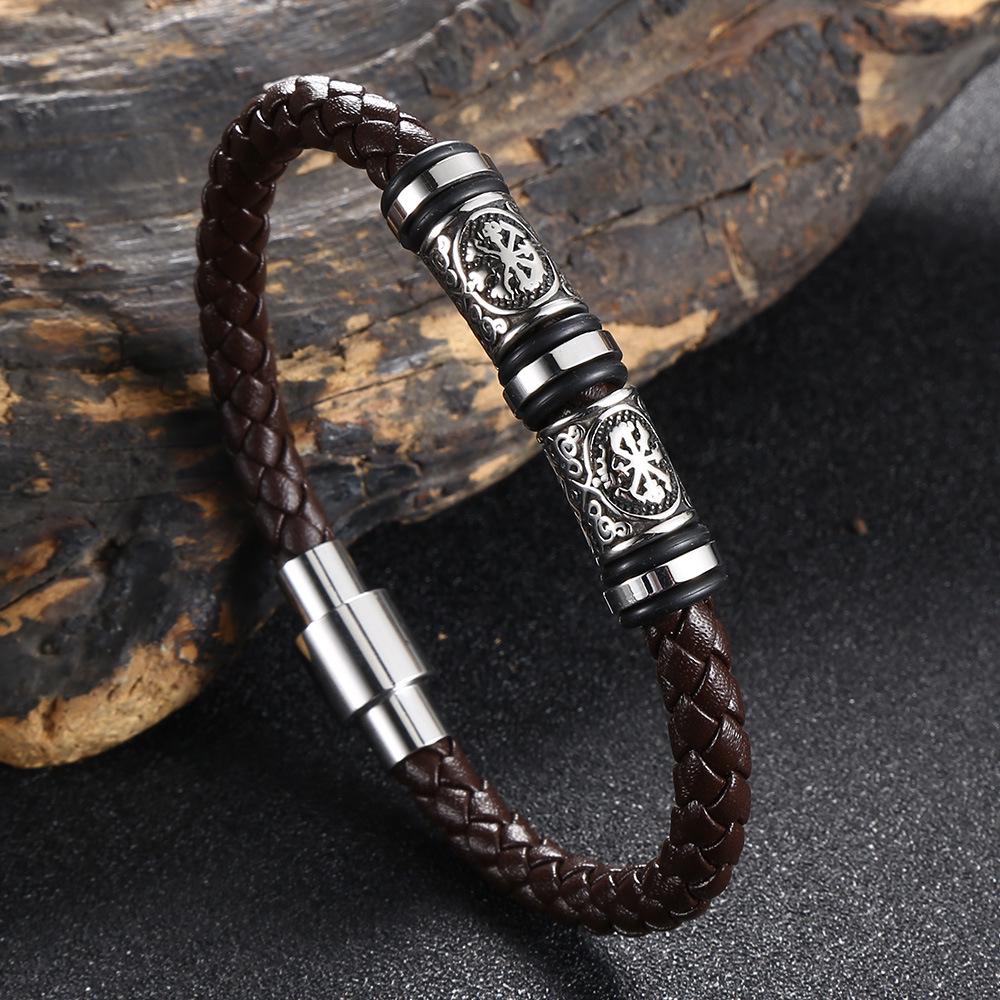 Trendy European-American Woven Leather & Stainless Steel Bracelet