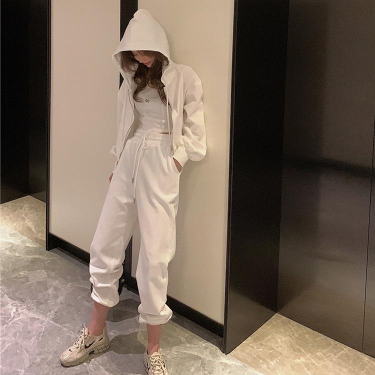 2024 Spring Hong Kong Style Women's Casual Three-Piece Sportswear Set: Long Pants, Zipper Hoodie, Camisole.