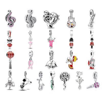 New 925 Silver Guitar Charm Beaded Chain Bracelet DIY Ladies Jewelry Original Pendant Musical Fit