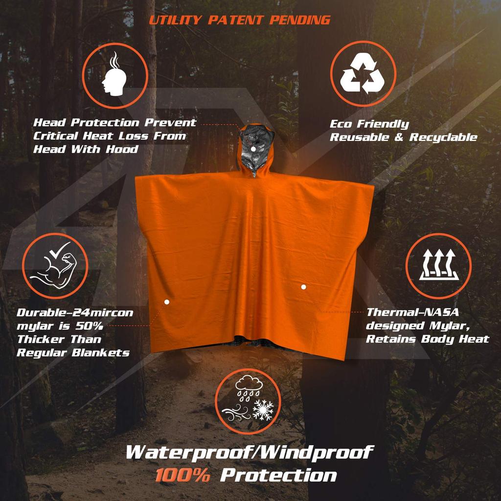 PREPARED4X Emergency Rain Poncho with Mylar Survival Blanket Liner for Heavy Duty Waterproof Camping Tactical Prepper Pack of 4 XL Car, Gear,