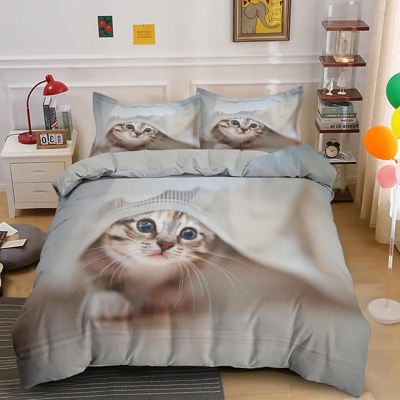 Pet Animal Bedding Set Cute Cat Bedding For Kids Quilt Cover Pillowcase Comforter Cover Kawaii Kitty Soft Polyester Duvet Cover