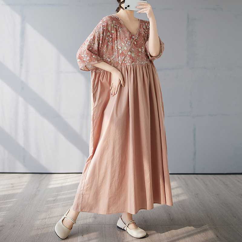 Cotton and Linen Summer Patchwork Retro Style Dress Long Skirt
