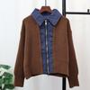 Autumn and Winter New Splicing Denim Double Zipper Knitted Cardigan Short Design Loose Sweater Jacket Women