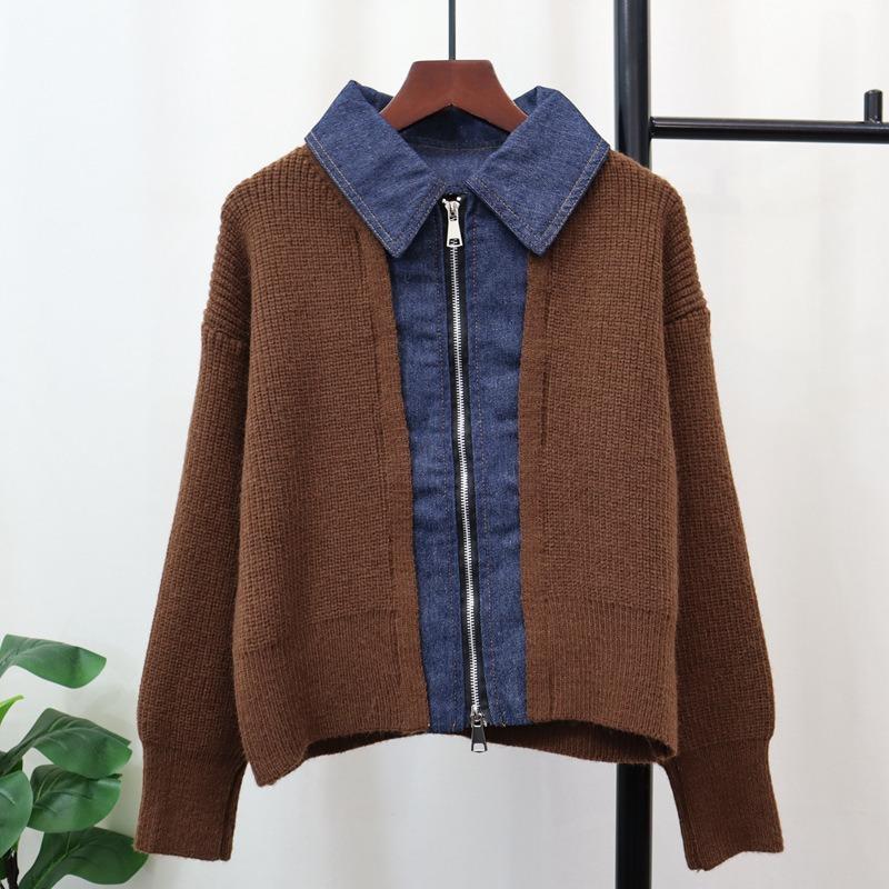 Autumn and Winter New Splicing Denim Double Zipper Knitted Cardigan Short Design Loose Sweater Jacket Women