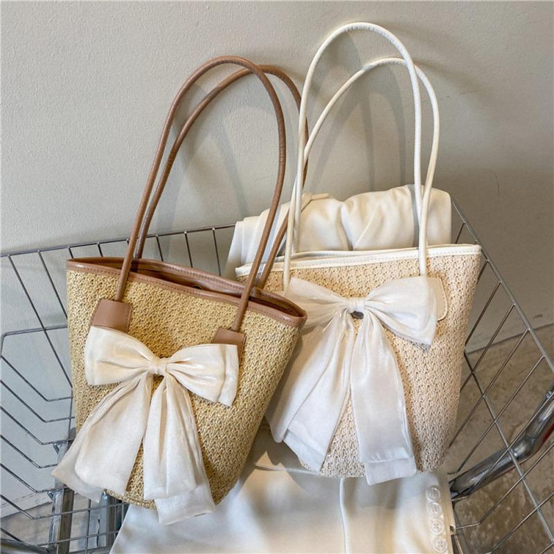 

Женская модная соломенная сумка на плечо, летняя однотонная простая сумка-ведро большой вместимости с бантом