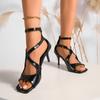 2025 Summer Women New Fish Mouth Gold Thin Heels Open Toe Sexy High Heels A Line Buckle Square Head Sandals