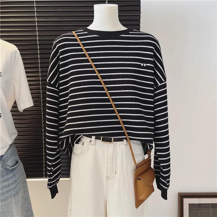 

Футболка в полоску с вышивкой и длинными рукавами из бархата в корейском стиле для женщин, свободный крой, осень/зима