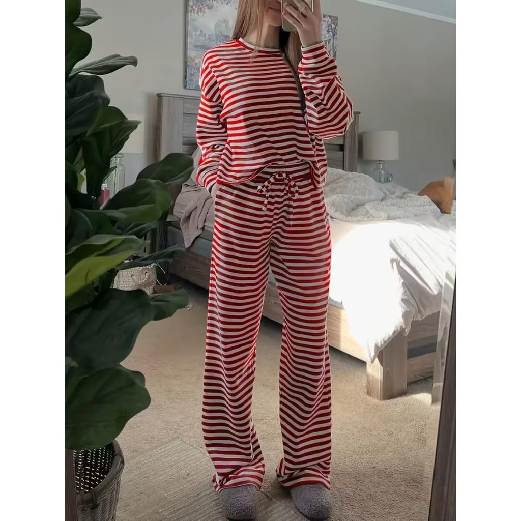 Women's Solid Color Simple Striped Pajama Set, Adjustable Drawstring Pants and Contrasting Round Leader Top Combination