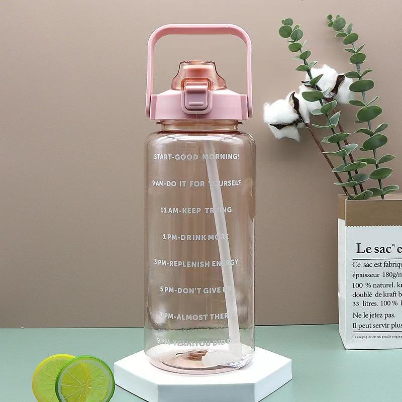 2L Straw Water Bottle Large Capacity Plastic Water Cup Portable Sippy Cup Drink Bottle With Marker For Outdoor Sports Fitness