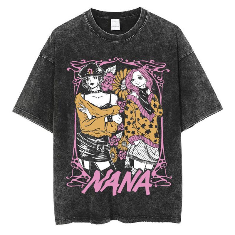 New Summer NANA Comic Washed-out Vintage Short-sleeved Nana Ozaki Black Stones Band Retro T-shirt for Men and Women
