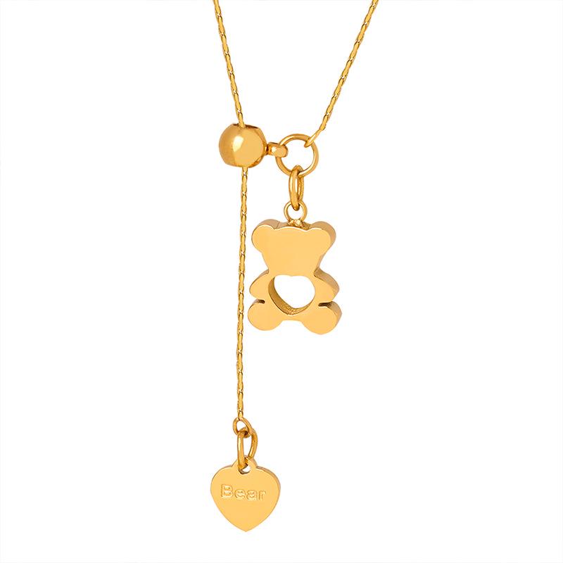 Adjustable Titanium Steel Heart-Shaped Necklace with Bear Pendant: European & American Retro Style