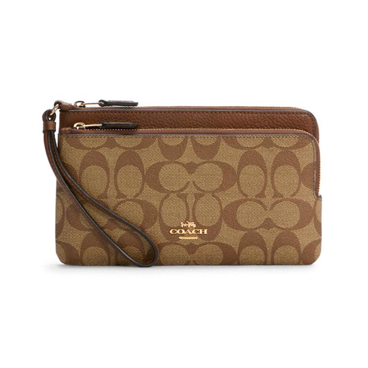 New COACH Double Zip Wallet Leather Card Holder, Clutch Wallet Medium Size Women's Saddles Brown C5576-IME74