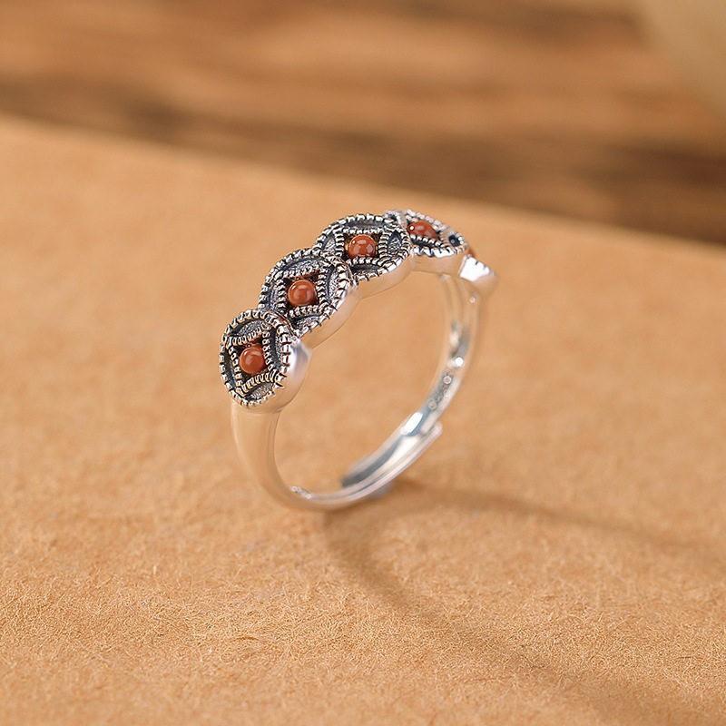 Adjustable Copper Ring With Red Agate Coin Motif Vintage Minimalist Open Finger Men Women Adjustable Open Band