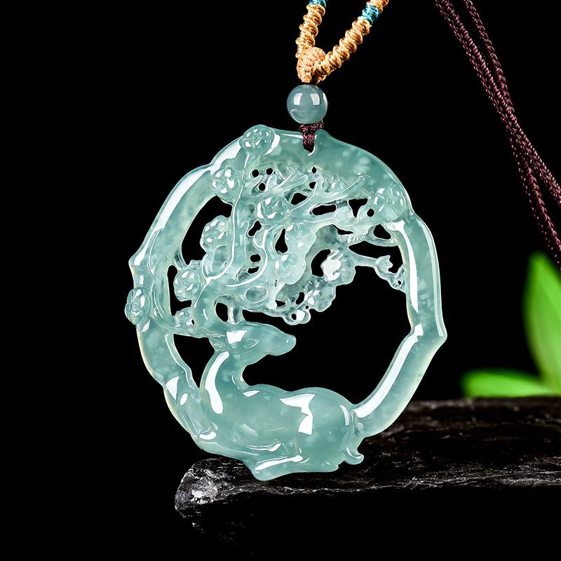 Natural A-Grade Jade Plum Blossom Deer Pendant - Ethnic Style for Couples Top Bead Ancient Style Cord