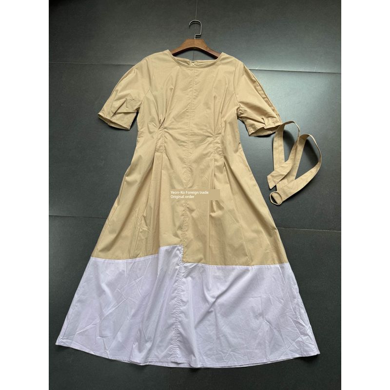 

South Korea Single Artsy Style round Neck Waist Trimming Contrasting-Color Dress Thin Summer Korean Women s Gentle Mid-Length Dress Khakis light purple 01